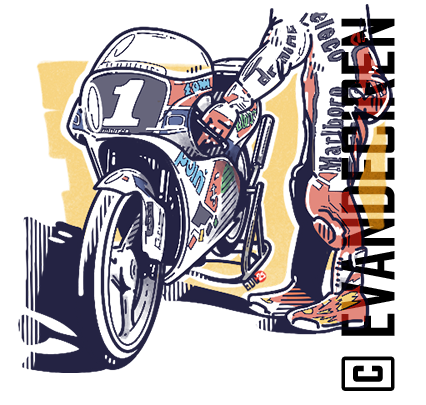 Honda RS125R 1991 – Loris Capirossi with his AGV Pileri racing bike, illustrated in bold graphic style with number 1 livery.