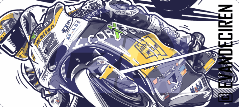 Close-up of Thomas Lüthi Moto2 Interwetten bike – illustrated detail by Evan DeCiren highlighting motion and design.