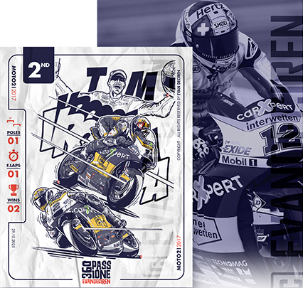 Thomas Lüthi Moto2 2017 tribute illustration by Evan DeCiren – cover artwork showing the Swiss rider on the Interwetten Kalex.
