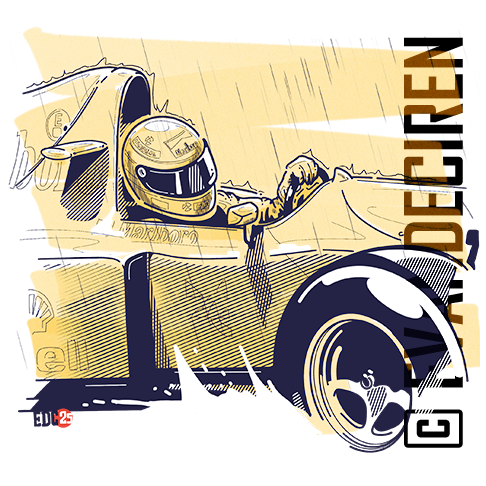 Portrait illustration of a Formula 1 driver in 1993 style, The Twilight of the Masters by evandeciren.ch