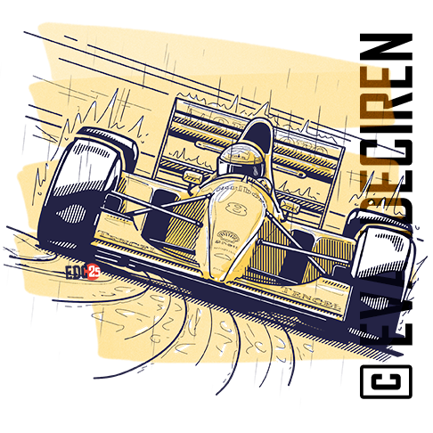 Formula 1 1993 wet-race illustration with yellow and dark tones, artwork by evandeciren.ch