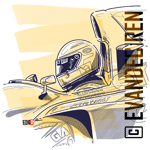 Front view illustration of a 1993 Benetton F1 car at high speed, by evandeciren.ch