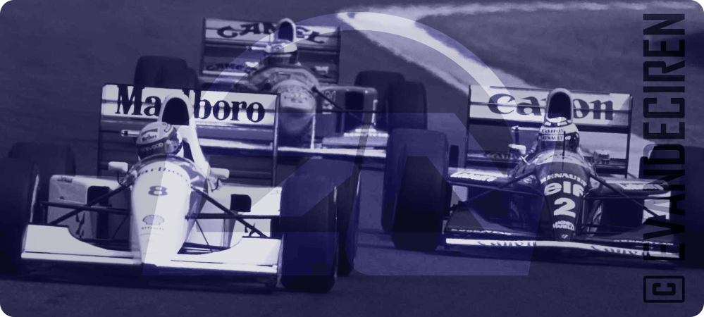 Historic Formula 1 1993 race photo with multiple cars, used in The Twilight of the Masters article by evandeciren.ch