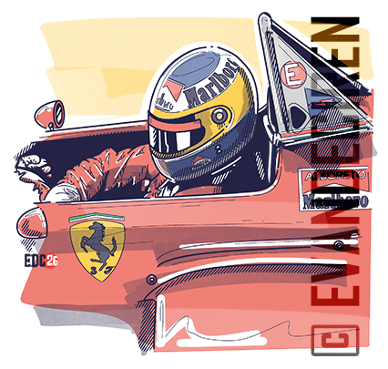 Michele Alboreto Ferrari Formula 1 illustrated portrait, Top 5 Greatest Formula 1 Races Illustrated Tale by evandeciren.ch