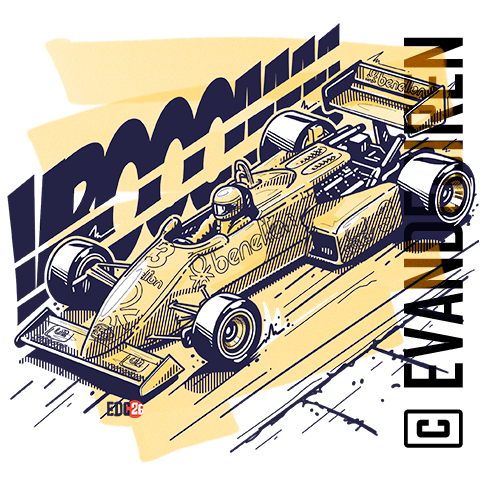 Michele Alboreto Ferrari Formula 1 illustrated race scene, vintage F1 art by evandeciren.ch