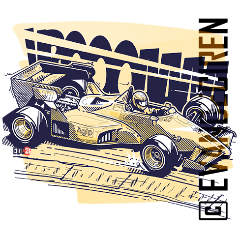 Michele Alboreto Formula 1 Ferrari illustrated racing action, historic F1 illustration by evandeciren.ch