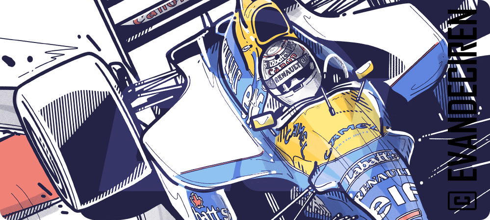 Nigel Mansell 1992 helmet and cockpit detail illustration – Williams Renault FW14B artwork by evandeciren.ch