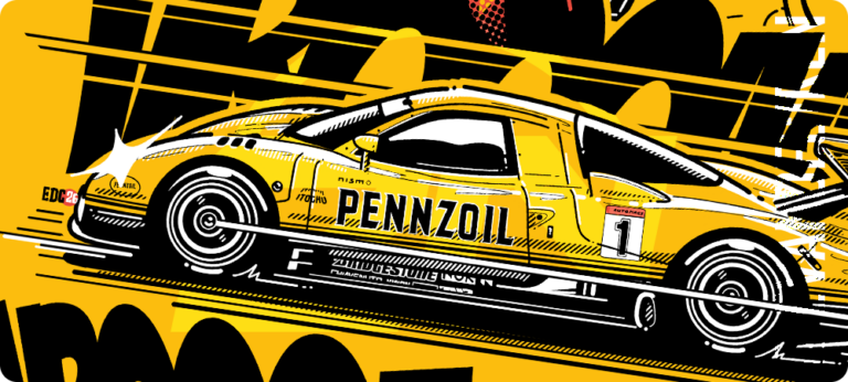 Racing Memory Nissan Pennzoil R390 GT1 motorsport poster illustration yellow Pennzoil livery by Evan DeCiren evandeciren.ch