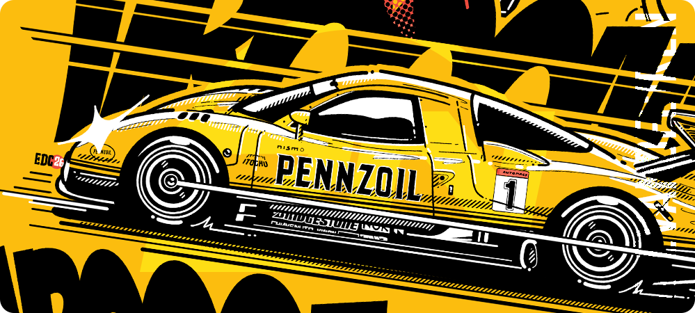 Racing Memory Nissan Pennzoil R390 GT1 motorsport poster illustration yellow Pennzoil livery by Evan DeCiren evandeciren.ch