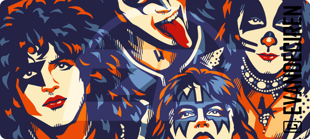 KISS | Electric Rock Faces close-up illustration with glam rock faces, vintage poster colors, and bold graphic details by evandeciren.ch