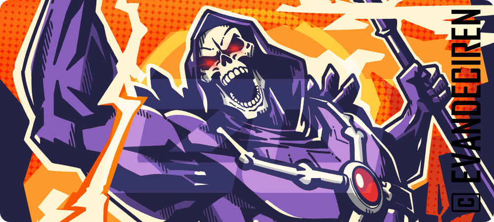 Dettaglio ravvicinato di Skeletor con occhi rossi e fulmini nell’illustrazione Master of Evil Lightning, artwork di evandeciren.ch