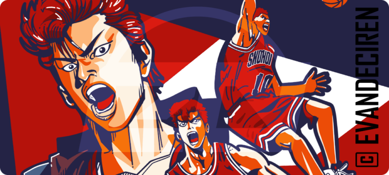 Hanamichi Sakuragi graphic artwork with bold basketball action composition from Slam Dunk by evandeciren.ch