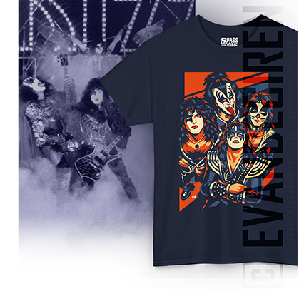KISS | Electric Rock Faces graphic t-shirt mockup with bold glam rock illustration on navy blue shirt, artwork by evandeciren.ch