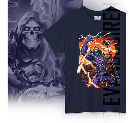 Master of Universe Master of Evil Lightning, artwork di Skeletor con fulmini e t-shirt navy illustrata, illustrazione di evandeciren.ch
