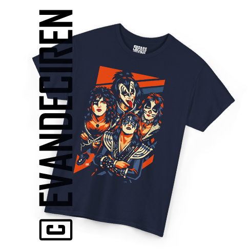 KISS | Electric Rock Faces close-up illustration with glam rock faces, vintage poster colors, and bold graphic details by evandeciren.ch
