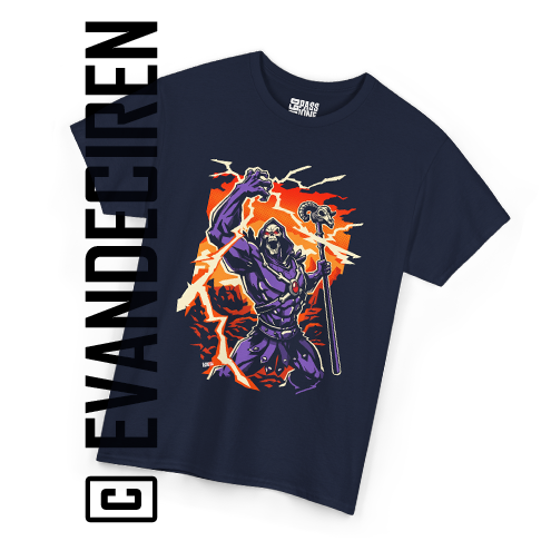 T-shirt navy Master of Evil Lightning con Skeletor, fulmini e scritta verticale Evil Empire, design illustrato di evandeciren.ch