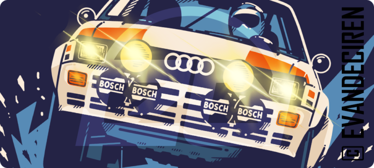 Audi Quattro rally icon in stile illustrazione vettoriale anni 80, vista frontale dinamica con fari accesi, design motorsport by evandeciren.ch