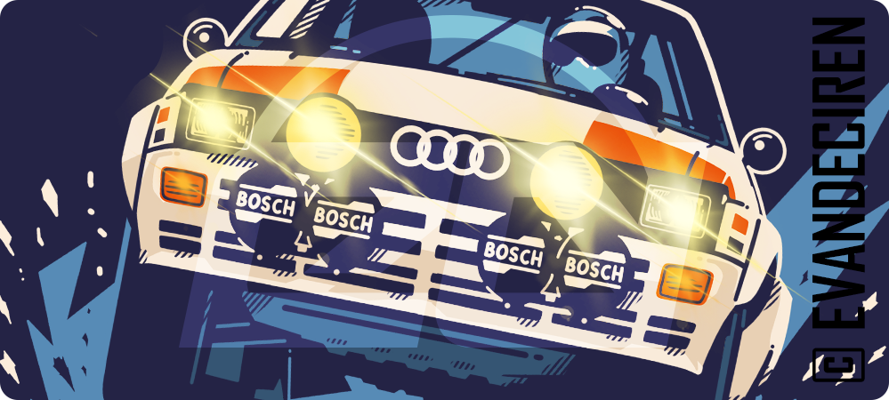 Audi Quattro rally icon in stile illustrazione vettoriale anni 80, vista frontale dinamica con fari accesi, design motorsport by evandeciren.ch