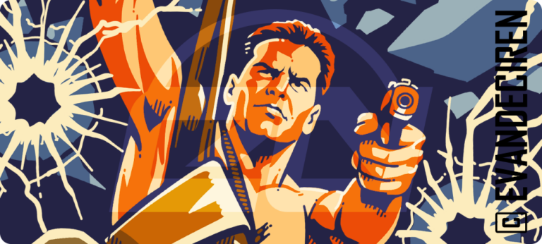 Die Hard | Christmas Action Tee close-up, retro action hero illustration with shattered glass and bold 80s movie poster style by evandeciren.ch