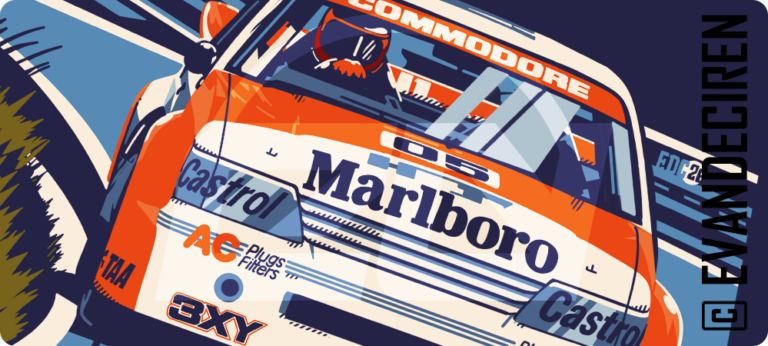 Holden Commodore | Built to Win – illustrazione racing in stile poster grafico con Holden Commodore touring car firmata evandeciren.ch