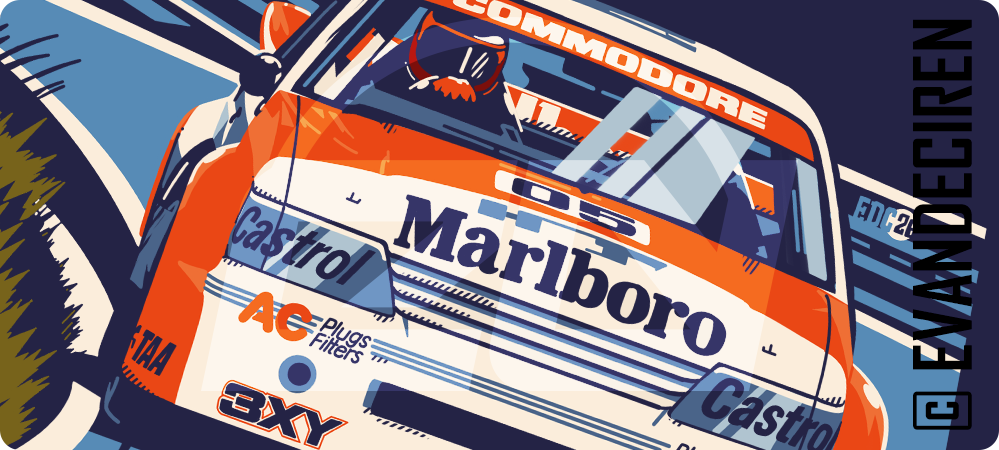 Holden Commodore | Built to Win – illustrazione racing in stile poster grafico con Holden Commodore touring car firmata evandeciren.ch