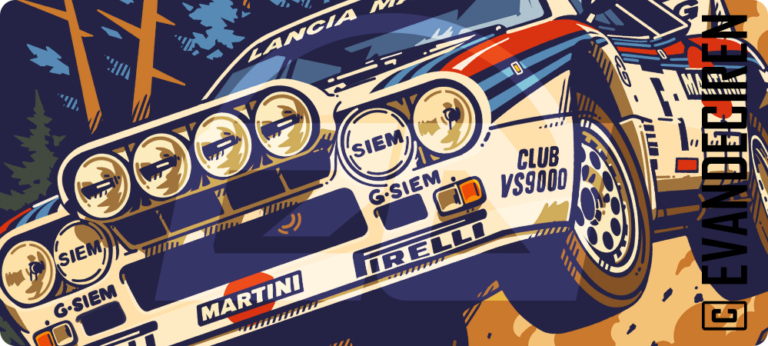 Lancia Martini Rally Icon: A Vintage Motorsport Graphic T-Shirt – close-up illustration of a vintage rally car in bold retro motorsport poster style by evandeciren.ch