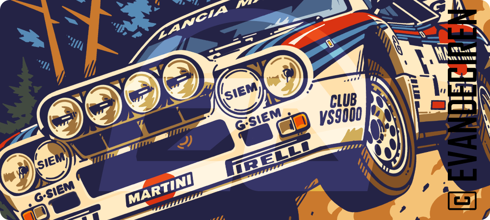 Lancia Martini Rally Icon: A Vintage Motorsport Graphic T-Shirt – close-up illustration of a vintage rally car in bold retro motorsport poster style by evandeciren.ch