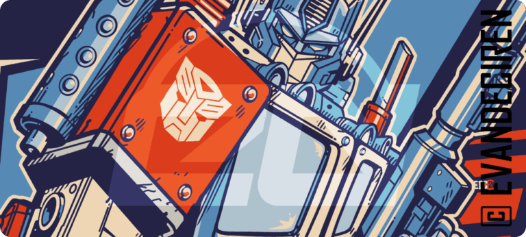 Optimus Prime | Autobot Leader – Retro Robot T-Shirt Illustration, artwork dettagliato con robot vintage, scudo rosso Autobot e palette blu arancio, autore evandeciren.ch