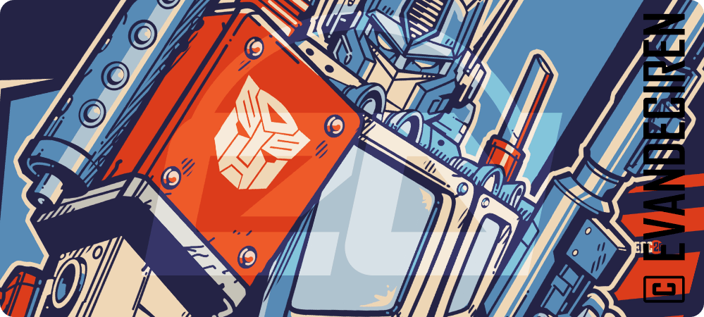 Optimus Prime | Autobot Leader – Retro Robot T-Shirt Illustration, artwork dettagliato con robot vintage, scudo rosso Autobot e palette blu arancio, autore evandeciren.ch