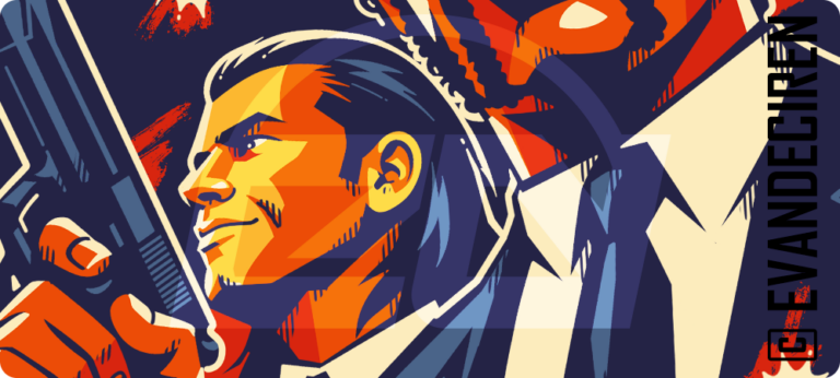 Close-up of Pulp Fiction inspired graphic artwork with retro 90s cinema colors, cult movie T-shirt illustration by evandeciren.ch