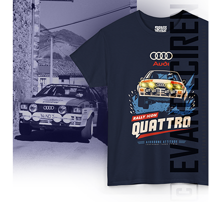 T-shirt navy con illustrazione Audi Quattro Rally Icon, mockup apparel motorsport con grafica vintage rally by evandeciren.ch