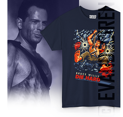 Die Hard | Christmas Action Tee promotional image with navy blue T-shirt mockup and retro action movie artwork by evandeciren.ch