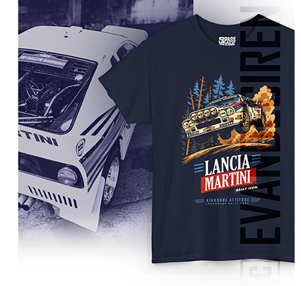 Lancia Martini Rally Icon: A Vintage Motorsport Graphic T-Shirt – navy T-shirt mockup with vintage rally car artwork and retro motorsport background by evandeciren.ch
