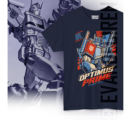 Optimus Prime | Autobot Leader – Retro Robot T-Shirt Illustration, mockup T-shirt blu con stampa robot Autobot e cover promozionale, autore evandeciren.ch