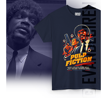 Promotional cover for Pulp Fiction graphic T-shirt, cult movie apparel design with retro 90s cinema style by evandeciren.ch