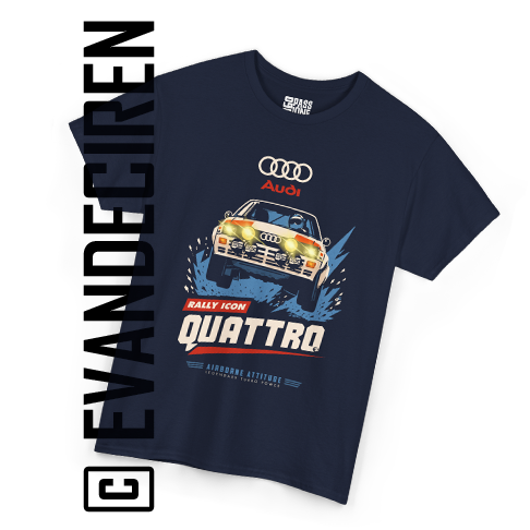 T-shirt Audi Quattro Rally Icon su base blu navy con illustrazione motorsport vintage e lettering dinamico, design by evandeciren.ch