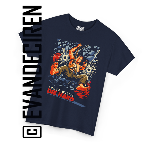 Die Hard | Christmas Action Tee, navy blue retro action movie T-shirt with illustrated explosive glass scene, artwork by evandeciren.ch
