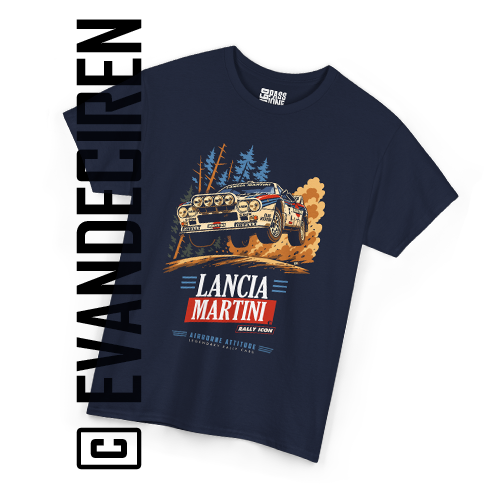 Lancia Martini Rally Icon: A Vintage Motorsport Graphic T-Shirt – navy motorsport T-shirt with vintage rally car graphic by evandeciren.ch