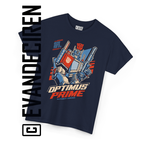 Optimus Prime | Autobot Leader – Retro Robot T-Shirt Illustration, dettaglio grafico retro robot con simbolo Autobot, autore evandeciren.ch