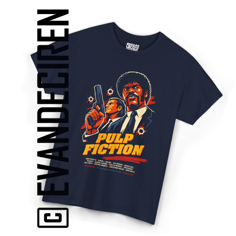 Pulp Fiction graphic T-shirt design on navy blue shirt, retro cult movie artwork, 90s cinema style, illustrated by evandeciren.ch