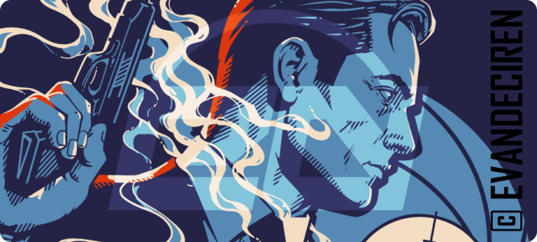 007 | James Bond Inspired T-Shirt with Retro Spy Poster Style, close-up graphic artwork with secret agent, pistol, smoke and vintage spy poster mood by evandeciren.ch