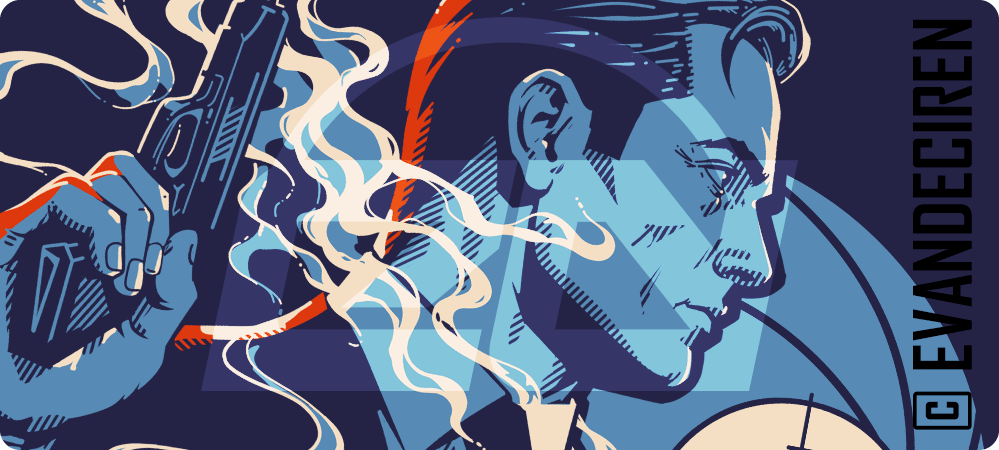 007 | James Bond Inspired T-Shirt with Retro Spy Poster Style, close-up graphic artwork with secret agent, pistol, smoke and vintage spy poster mood by evandeciren.ch