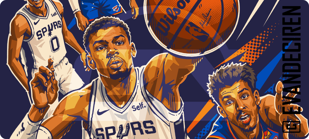 NBA | Western Conference Finals 2026 horizontal basketball illustration with Spurs and Thunder players, dynamic ball action, by evandeciren.ch