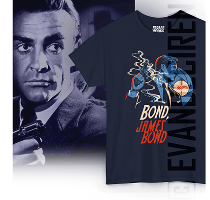 007 | James Bond Inspired T-Shirt with Retro Spy Poster Style, navy T-shirt mockup with retro secret agent artwork and vintage spy cinema background by evandeciren.ch