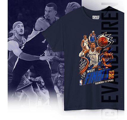 NBA | Western Conference Finals 2026 cover image with navy basketball t-shirt, Spurs vs Thunder artwork, created by evandeciren.ch