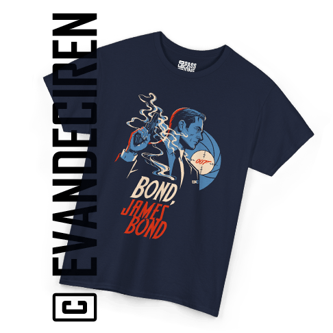007 | James Bond Inspired T-Shirt with Retro Spy Poster Style, navy graphic T-shirt with retro James Bond inspired secret agent illustration by evandeciren.ch