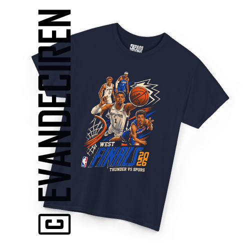 NBA | Western Conference Finals 2026 graphic t-shirt mockup featuring Spurs vs Thunder basketball artwork, illustrated by evandeciren.ch