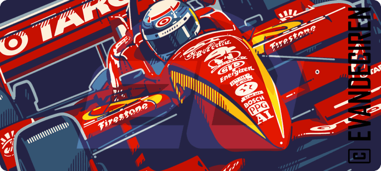 Alex Zanardi | Timeless Hero illustrated CART race car artwork featuring Alex Zanardi driving his iconic Target Reynard, vintage motorsport illustration by evandeciren.ch