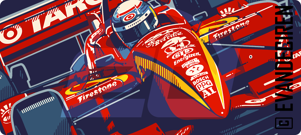 Alex Zanardi | Timeless Hero illustrated CART race car artwork featuring Alex Zanardi driving his iconic Target Reynard, vintage motorsport illustration by evandeciren.ch