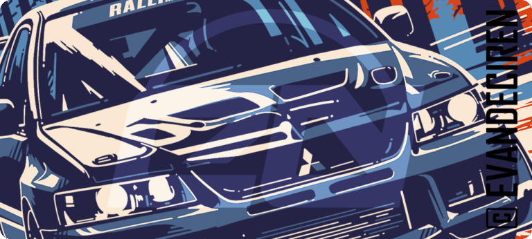 Close-up of Mitsubishi Lancer Evolution rally car illustration by evandeciren.ch